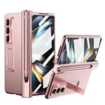 For Samsung Galaxy Z Fold5 Electroplating Corrugated Hinge Folding Phone Case with Pen Slot(Pink)