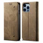 For iPhone 15 Pro Max Denim Texture Casual Style Horizontal Flip Leather Case(Khaki)