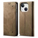 For iPhone 15 Plus Denim Texture Casual Style Horizontal Flip Leather Case(Khaki)