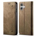 For iPhone 16 Plus Denim Texture Casual Style Horizontal Flip Leather Case(Khaki)