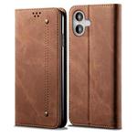 For iPhone 16 Plus Denim Texture Casual Style Horizontal Flip Leather Case(Brown)