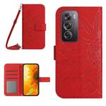For OPPO Reno12 Pro 5G Global Skin Feel Sun Flower Embossed Flip Leather Phone Case with Lanyard(Red)