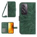 For OPPO Reno12 Pro 5G Global Skin Feel Sun Flower Embossed Flip Leather Phone Case with Lanyard(Green)