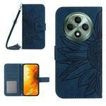 For OPPO Reno12 F 5G Global Skin Feel Sun Flower Embossed Flip Leather Phone Case with Lanyard(Inky Blue)