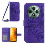 For OPPO Reno12 F 5G Global Skin Feel Sun Flower Embossed Flip Leather Phone Case with Lanyard(Dark Purple)