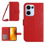 For OPPO Reno13 Global Skin Feel Sun Flower Embossed Flip Leather Phone Case with Lanyard(Red)