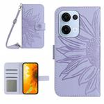 For OPPO Reno13 Global Skin Feel Sun Flower Embossed Flip Leather Phone Case with Lanyard(Purple)
