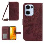 For OPPO Reno13 Global Skin Feel Sun Flower Embossed Flip Leather Phone Case with Lanyard(Wine Red)