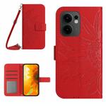 For OPPO Reno13 F 4G / 5G Skin Feel Sun Flower Embossed Flip Leather Phone Case with Lanyard(Red)
