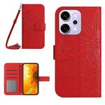 For OPPO Reno14 5G Global Skin Feel Sun Flower Embossed Flip Leather Phone Case with Lanyard(Red)