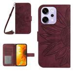 For OPPO Reno14 5G Global Skin Feel Sun Flower Embossed Flip Leather Phone Case with Lanyard(Wine Red)