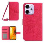 For OPPO Reno14 5G Global Skin Feel Sun Flower Embossed Flip Leather Phone Case with Lanyard(Rose Red)