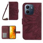 For OPPO A5x 4G Global / 5G Global Skin Feel Sun Flower Embossed Flip Leather Phone Case with Lanyard(Wine Red)