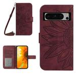 For Google Pixel 8 Pro Skin Feel Sun Flower Embossed Flip Leather Phone Case with Lanyard(Wine Red)