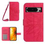 For Google Pixel 8 Pro Skin Feel Sun Flower Embossed Flip Leather Phone Case with Lanyard(Rose Red)