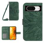 For Google Pixel 8 Skin Feel Sun Flower Embossed Flip Leather Phone Case with Lanyard(Green)