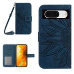 For Google Pixel 8 Skin Feel Sun Flower Embossed Flip Leather Phone Case with Lanyard(Inky Blue)