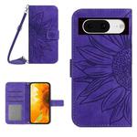 For Google Pixel 8 Skin Feel Sun Flower Embossed Flip Leather Phone Case with Lanyard(Dark Purple)