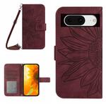 For Google Pixel 8a Skin Feel Sun Flower Embossed Flip Leather Phone Case with Lanyard(Wine Red)