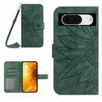 For Google Pixel 8a Skin Feel Sun Flower Embossed Flip Leather Phone Case with Lanyard(Green)