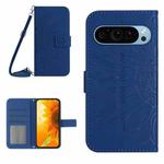 For Google Pixel 9 Pro Skin Feel Sun Flower Embossed Flip Leather Phone Case with Lanyard(Dark Blue)