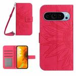 For Google Pixel 9 Pro Skin Feel Sun Flower Embossed Flip Leather Phone Case with Lanyard(Rose Red)