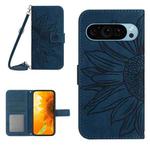 For Google Pixel 9 Pro Skin Feel Sun Flower Embossed Flip Leather Phone Case with Lanyard(Inky Blue)