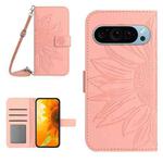 For Google Pixel 9 Skin Feel Sun Flower Embossed Flip Leather Phone Case with Lanyard(Pink)