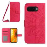 For Google Pixel 9a Skin Feel Sun Flower Embossed Flip Leather Phone Case with Lanyard(Rose Red)