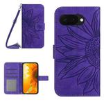 For Google Pixel 9a Skin Feel Sun Flower Embossed Flip Leather Phone Case with Lanyard(Dark Purple)