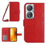 For Honor 90 Smart Skin Feel Sun Flower Pattern Leather Phone Case with Lanyard(Red)