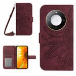 For Honor X9c Smart Skin Feel Sun Flower Pattern Leather Phone Case with Lanyard(Wine Red)