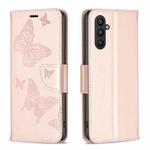 For Samsung Galaxy A25 5G Embossing Two Butterflies Pattern Leather Phone Case(Rose Gold)