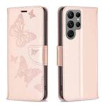 For Samsung Galaxy S24 Ultra 5G Embossing Two Butterflies Pattern Leather Phone Case(Rose Gold)