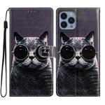 For iPhone 15 Pro Max Colored Drawing Leather Phone Case(Sunglasses Cat)