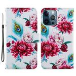 For iPhone 15 Pro Colored Drawing Leather Phone Case(Peacock Flower)