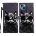 For iPhone 15 Plus Colored Drawing Leather Phone Case(Sunglasses Cat)