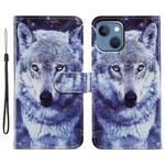 For iPhone 15 Plus Colored Drawing Leather Phone Case(White Wolf)