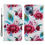 For iPhone 15 Plus Colored Drawing Leather Phone Case(Peacock Flower)
