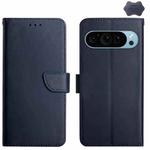 For Google Pixel 9 HT02 Genuine Leather Fingerprint-proof Flip Phone Case(Blue)