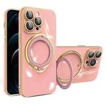 For iPhone 12 Pro Multifunction Electroplating MagSafe Holder Phone Case(Pink)
