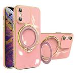 For iPhone XS / X Multifunction Electroplating MagSafe Holder Phone Case(Pink)