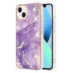 For iPhone 15 Plus Electroplating Marble Pattern Dual-side IMD TPU Shockproof Phone Case(Purple 002)