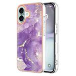 For iPhone 16 Plus Electroplating Marble Pattern Dual-side IMD TPU Shockproof Phone Case (Purple 002)