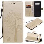 For LG V60 ThinQ 5G Tree & Cat Embossed Pattern Horizontal Flip Leather Case with Holder & Card Slots & Wallet & Lanyard(Gold)