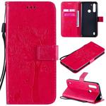 For Motorola Moto G8 Power Lite Tree & Cat Embossed Pattern Horizontal Flip Leather Case with Holder & Card Slots & Wallet & Lanyard(Rose Red)