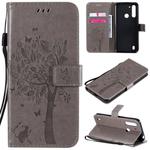 For Motorola Moto G8 Power Lite Tree & Cat Embossed Pattern Horizontal Flip Leather Case with Holder & Card Slots & Wallet & Lanyard(Grey)