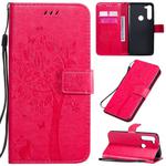 For Motorola Moto G8 Power Tree & Cat Embossed Pattern Horizontal Flip Leather Case with Holder & Card Slots & Wallet & Lanyard(Rose Red)