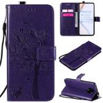 For Xiaomi Redmi K30 Pro Tree & Cat Embossed Pattern Horizontal Flip Leather Case with Holder & Card Slots & Wallet & Lanyard(Purple)