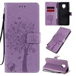 For Xiaomi Redmi Note 9 Pro Tree & Cat Embossed Pattern Horizontal Flip Leather Case with Holder & Card Slots & Wallet & Lanyard(Light Purple)